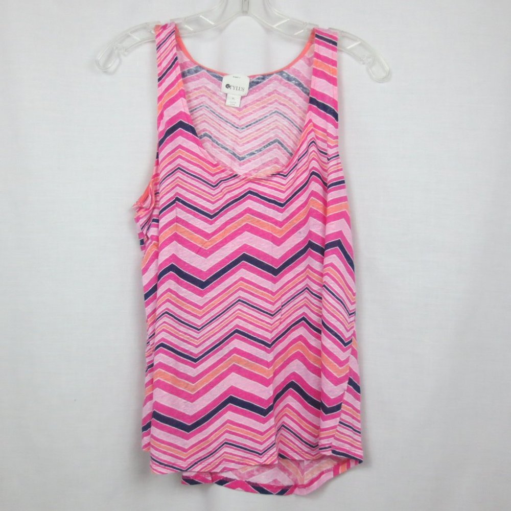 Stylus Tank Top Pink Navy Peach Fuchsia Chevron Print Semi Sheer Stretch Size XL